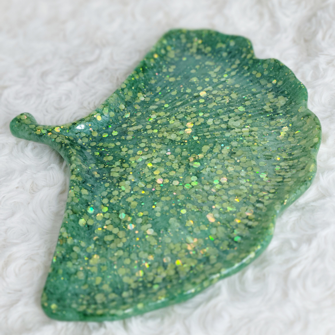 Green Glitter Leaf Trinket Tray