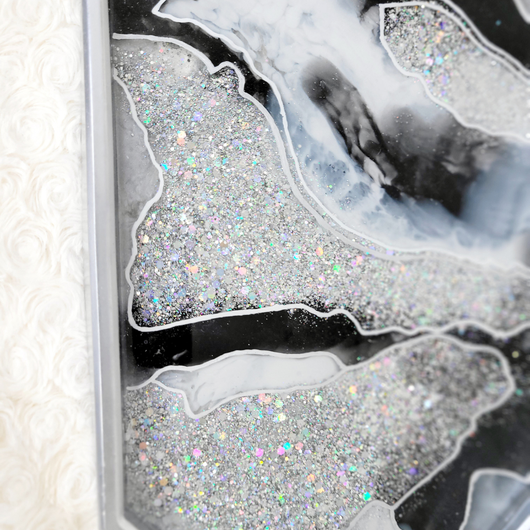 Black and Silver Agate Geode Inspired Glitter Resin Tray