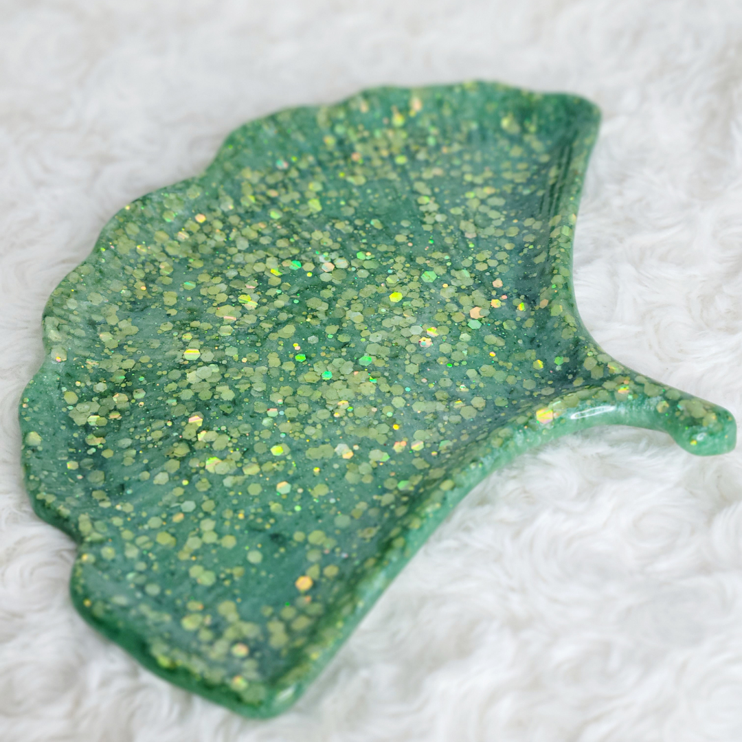 Green Glitter Leaf Trinket Tray