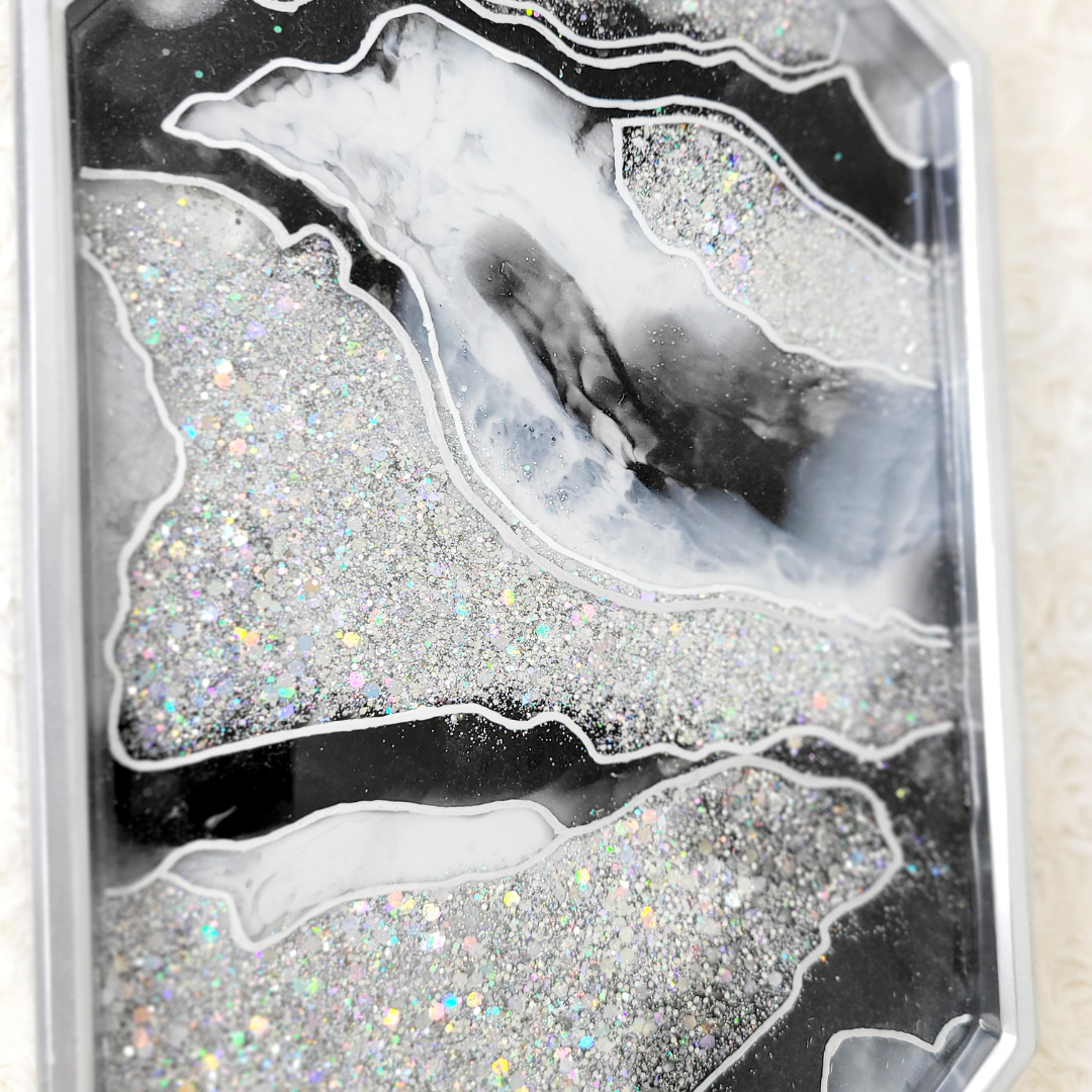 Black and Silver Agate Geode Inspired Glitter Resin Tray