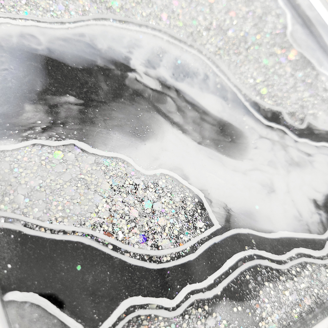 Black and Silver Agate Geode Inspired Glitter Resin Tray