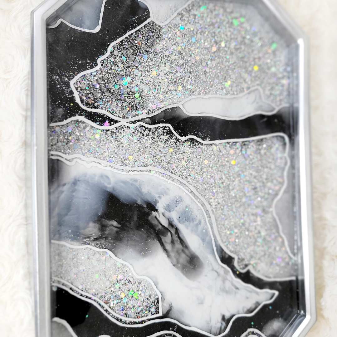 Black and Silver Agate Geode Inspired Glitter Resin Tray