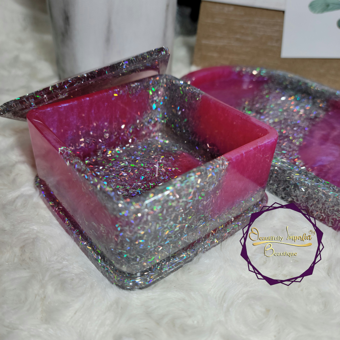Pink with Silver Glitter Trinket Tray Set