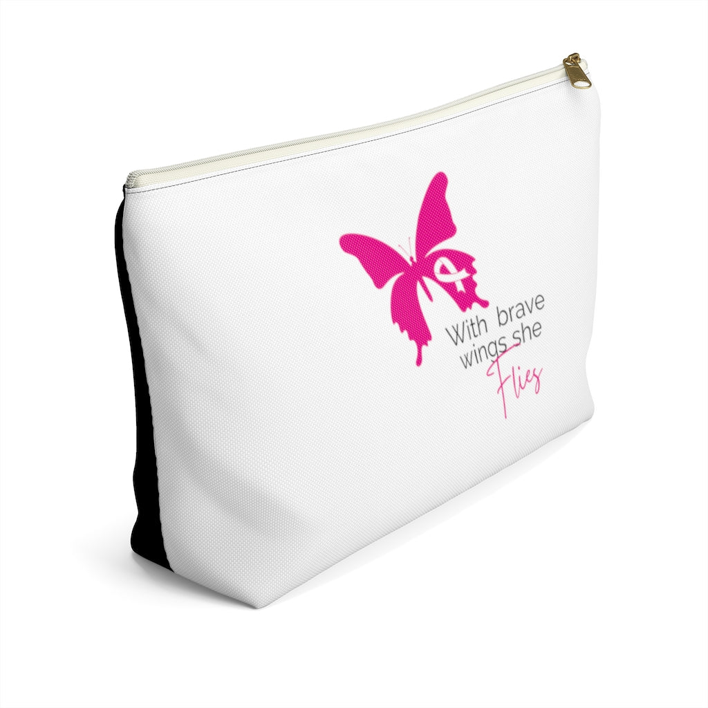 Pink Ribbon Butterfly Black Accessory Pouch w T-bottom