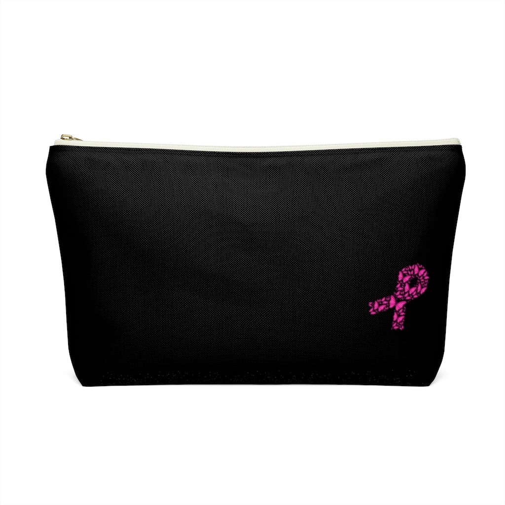 Pink Ribbon Butterfly Black Accessory Pouch w T-bottom