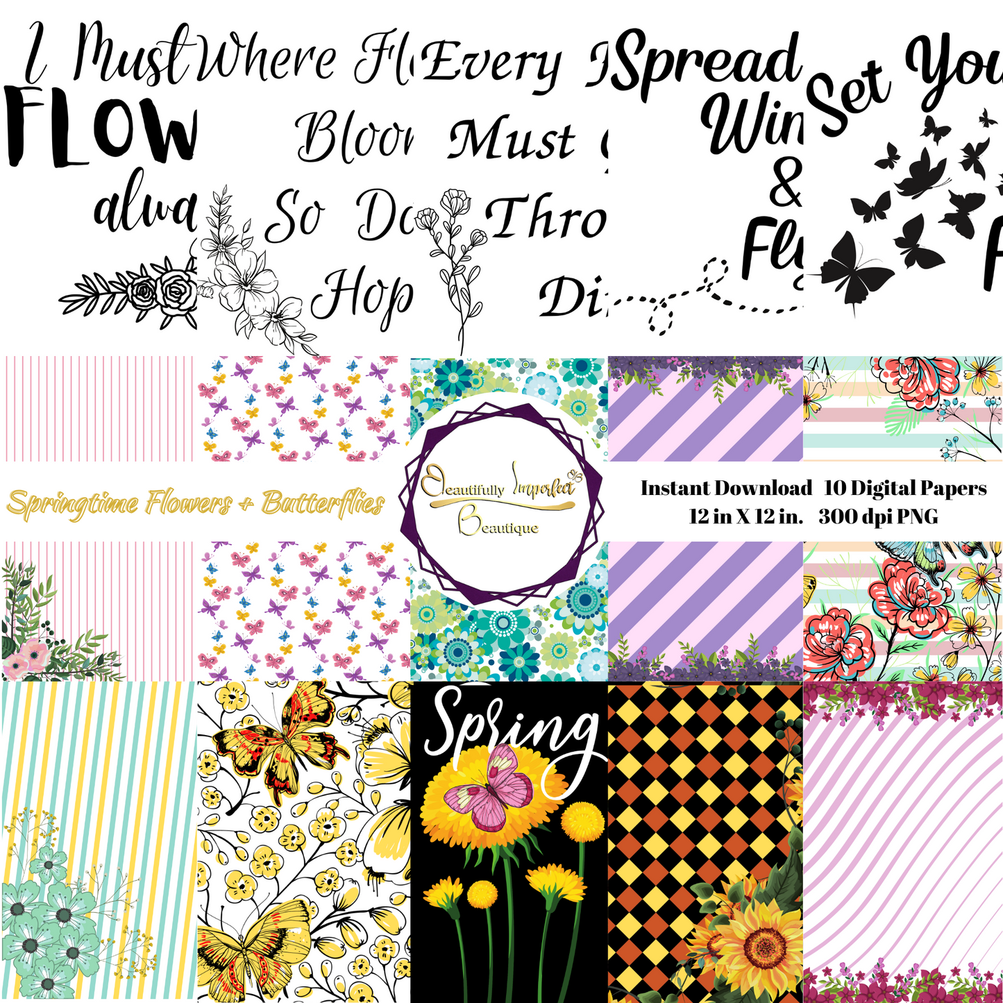 Springtime Flowers and Butterflies Digital Paper