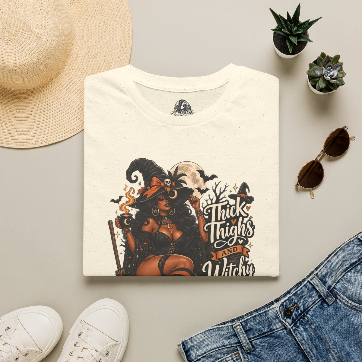 Thick Thighs Witchy Vibes Halloween | Glam Ghost Design | Unisex Softstyle T-Shirt