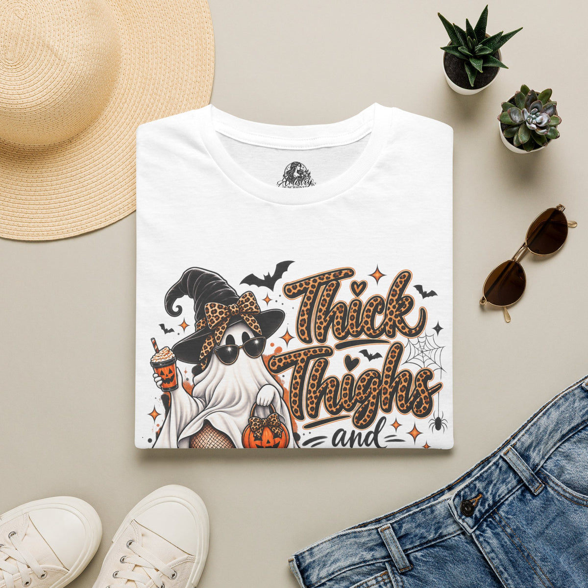 Thick Thighs Spooky Vibes Halloween | Glam Ghost Design | Unisex Softstyle T-Shirt