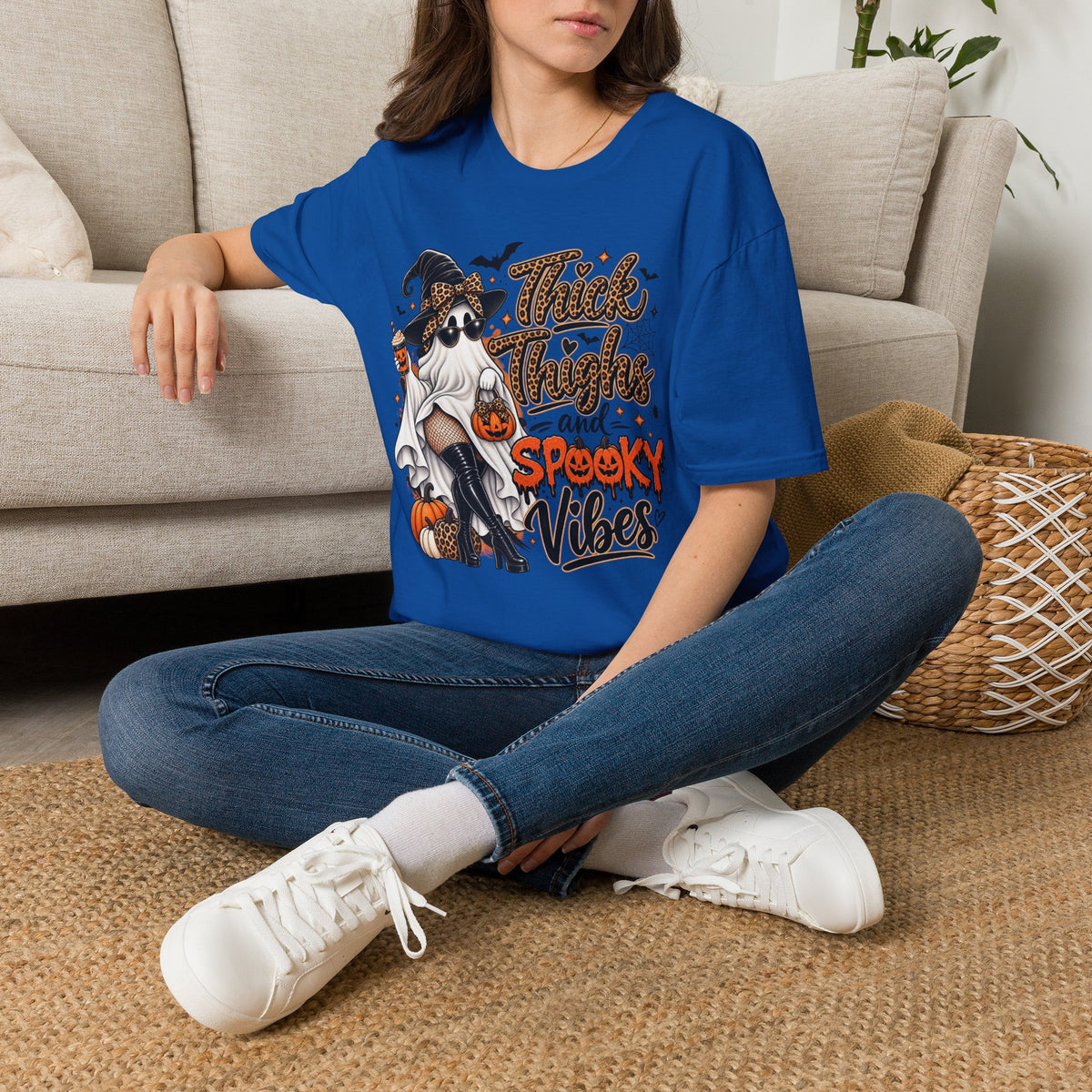 Thick Thighs Spooky Vibes Halloween | Glam Ghost Design | Unisex Softstyle T-Shirt