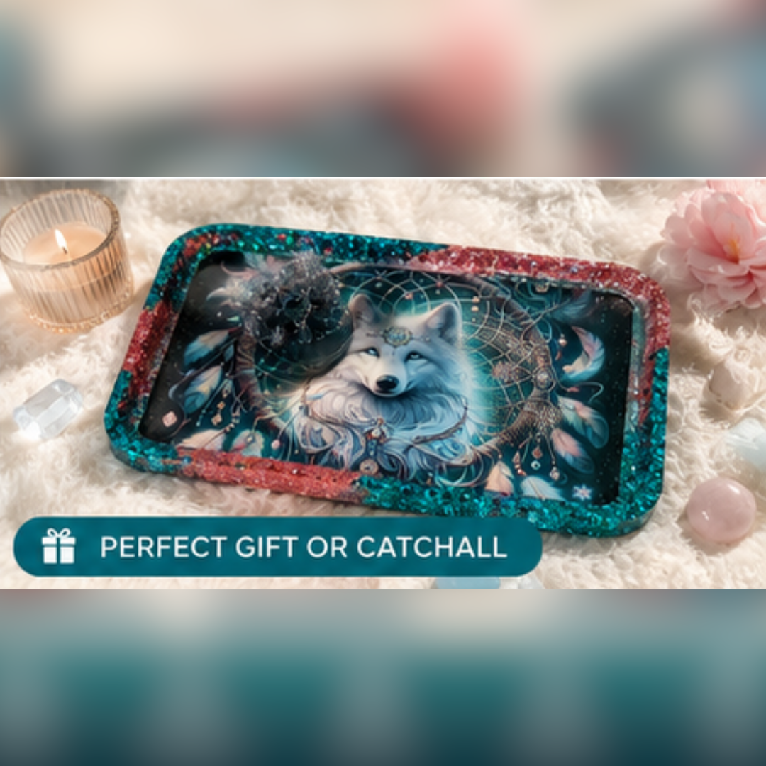 White Wolf Resin Tray | Handmade Dreamcatcher Catchall Tray | Boho Vanity Organizer | Mystical Home Décor | 10" x 6"