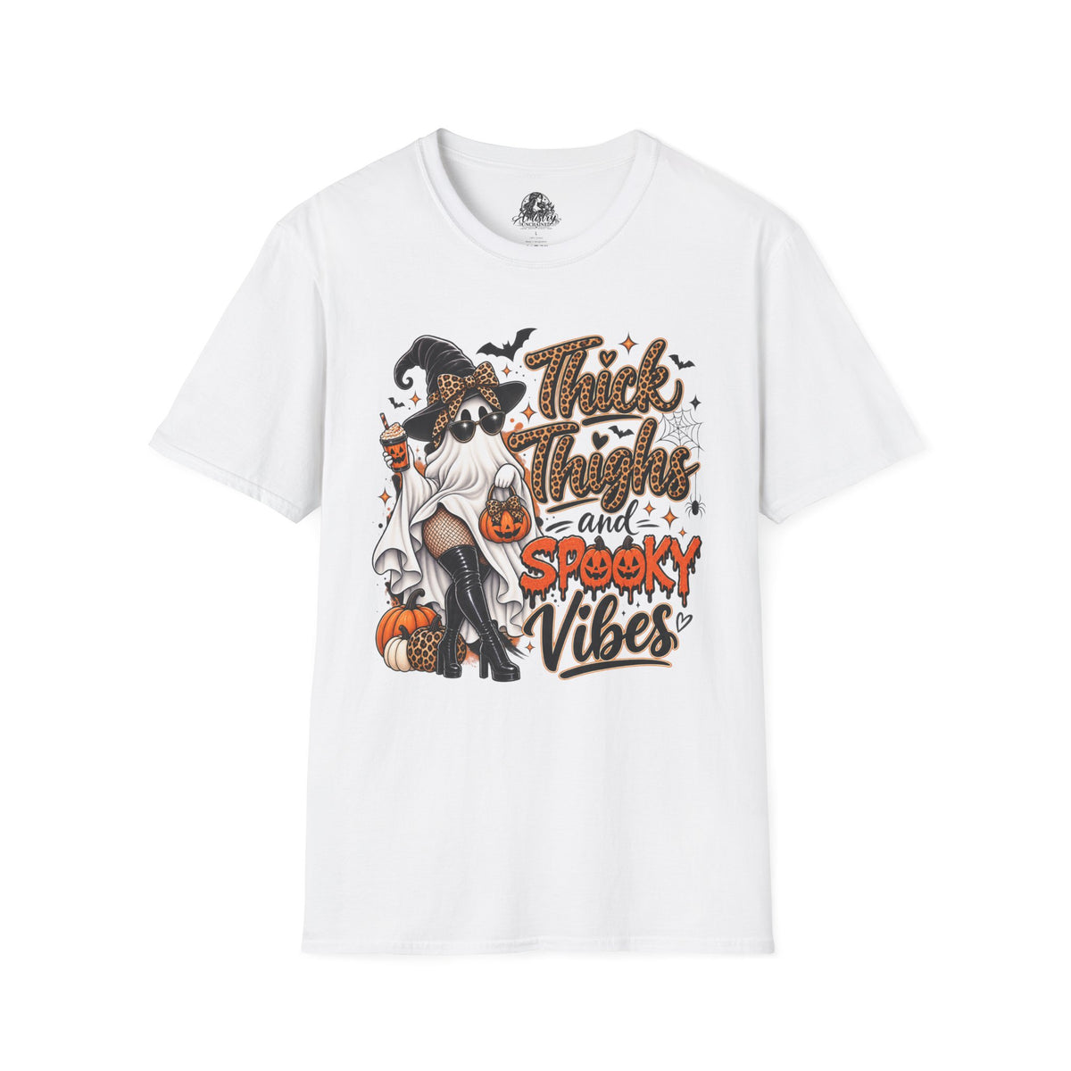 Thick Thighs Spooky Vibes Halloween | Glam Ghost Design | Unisex Softstyle T-Shirt