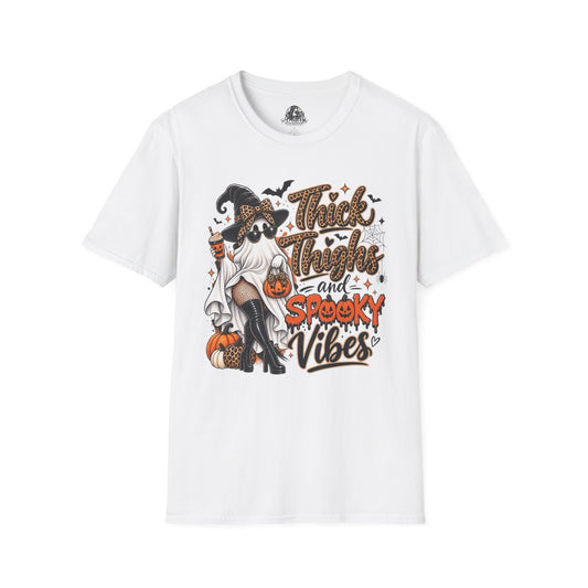 Thick Thighs Spooky Vibes Halloween | Glam Ghost Design | Unisex Softstyle T-Shirt