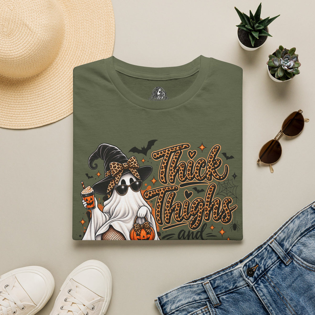 Thick Thighs Spooky Vibes Halloween | Glam Ghost Design | Unisex Softstyle T-Shirt