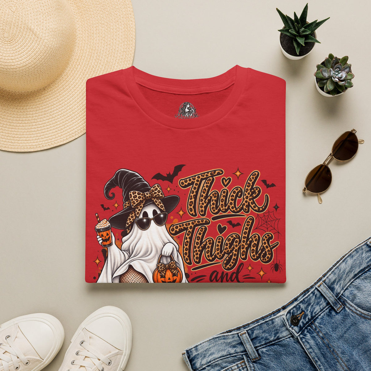 Thick Thighs Spooky Vibes Halloween | Glam Ghost Design | Unisex Softstyle T-Shirt