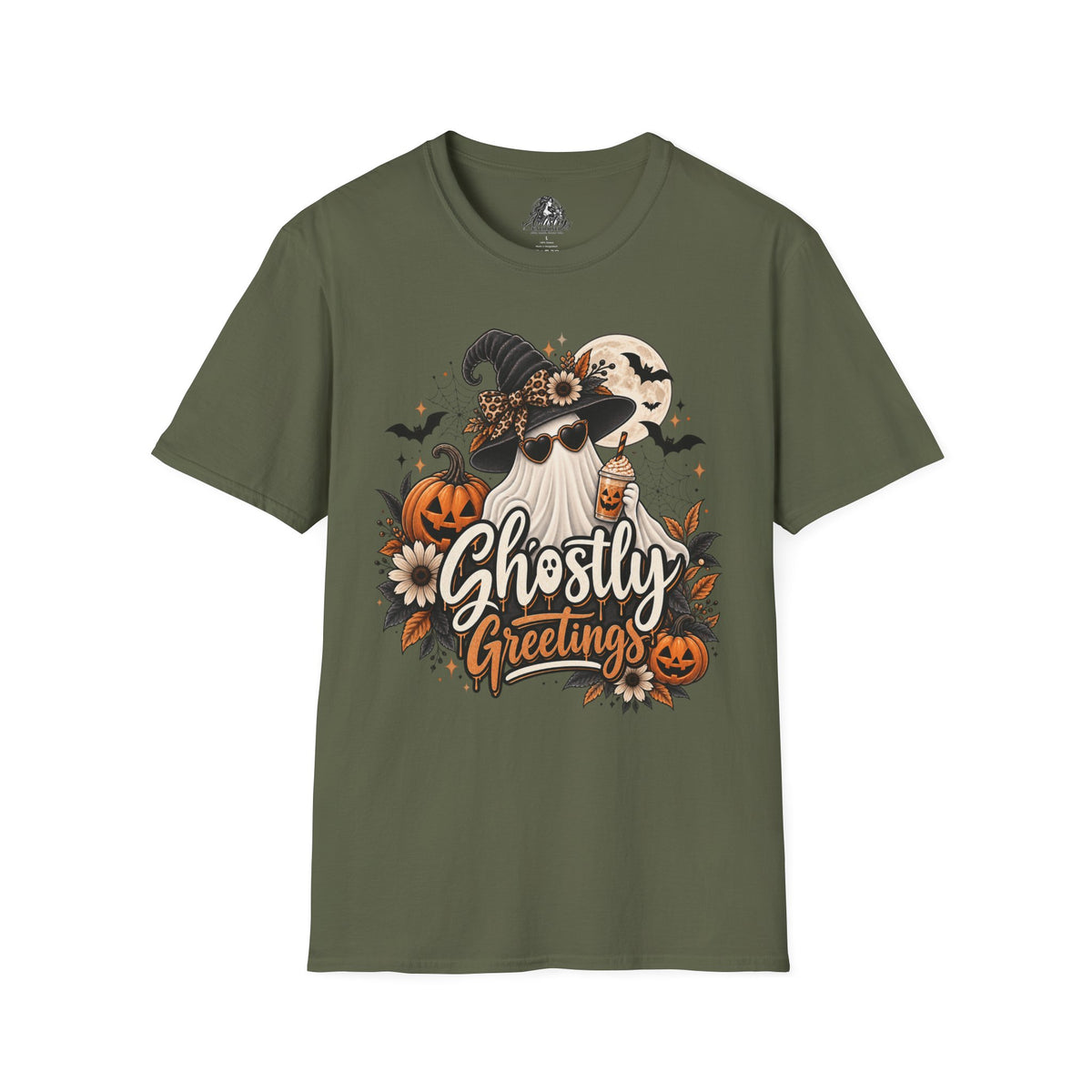 Ghostly Greetings Halloween | Glam Ghost Design | Unisex Softstyle T-Shirt