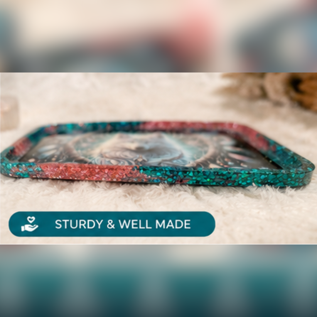White Wolf Resin Tray | Handmade Dreamcatcher Catchall Tray | Boho Vanity Organizer | Mystical Home Décor | 10" x 6"