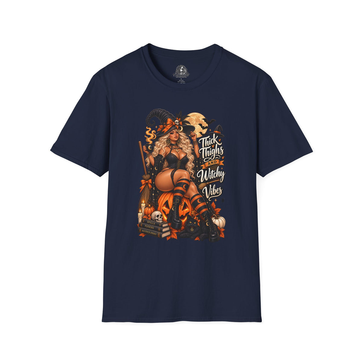 Thick Thighs Witchy Vibes Halloween | Glam Ghost Design | Unisex Softstyle T-Shirt