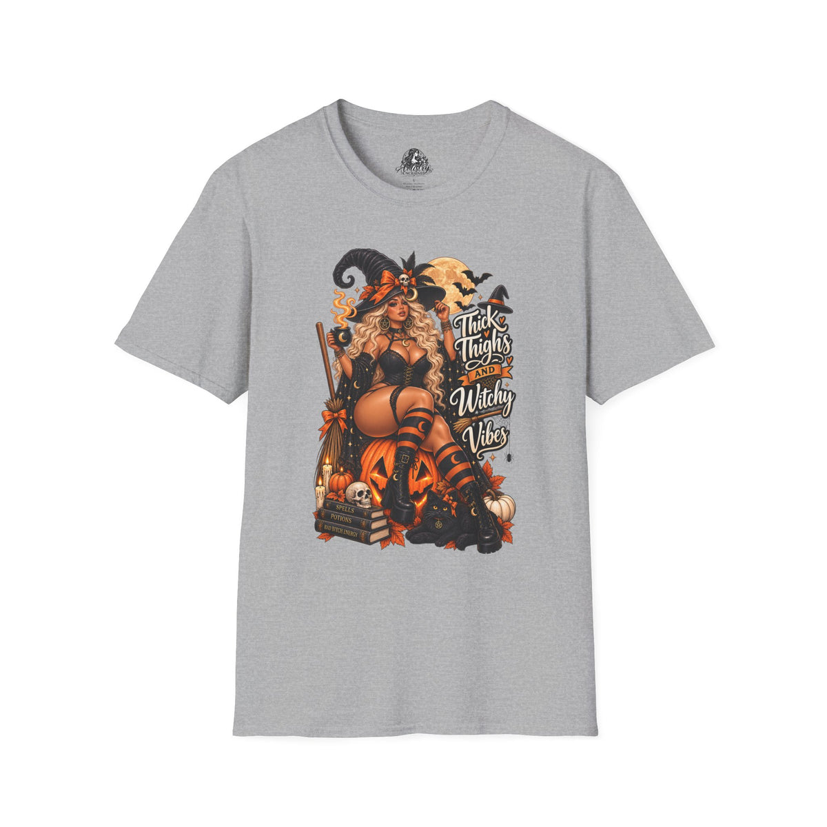 Thick Thighs Witchy Vibes Halloween | Glam Ghost Design | Unisex Softstyle T-Shirt