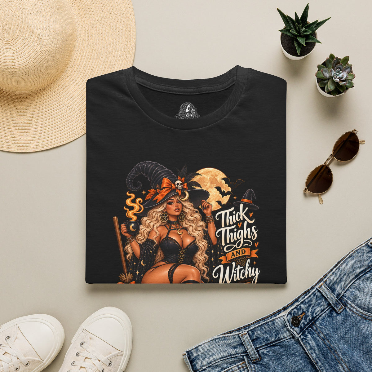 Thick Thighs Witchy Vibes Halloween | Glam Ghost Design | Unisex Softstyle T-Shirt