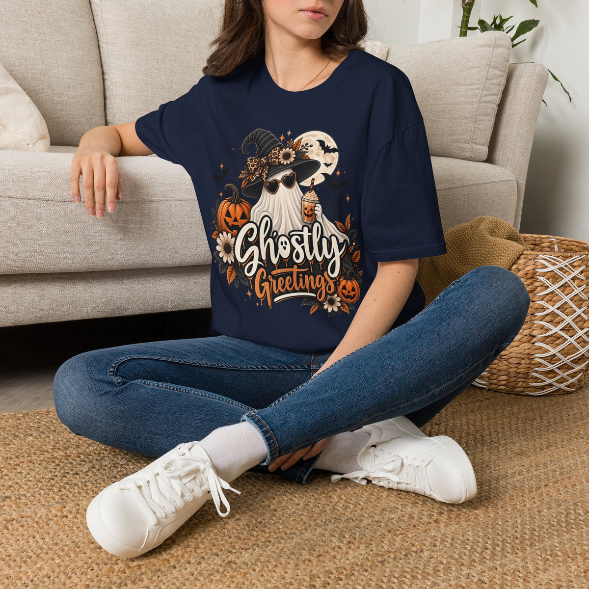 Ghostly Greetings Halloween | Glam Ghost Design | Unisex Softstyle T-Shirt