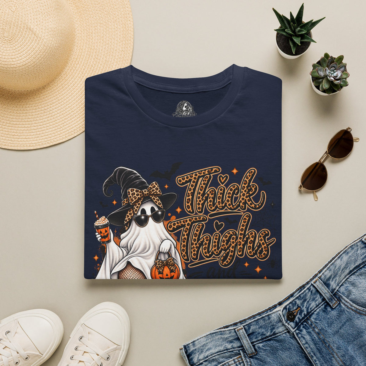 Thick Thighs Spooky Vibes Halloween | Glam Ghost Design | Unisex Softstyle T-Shirt