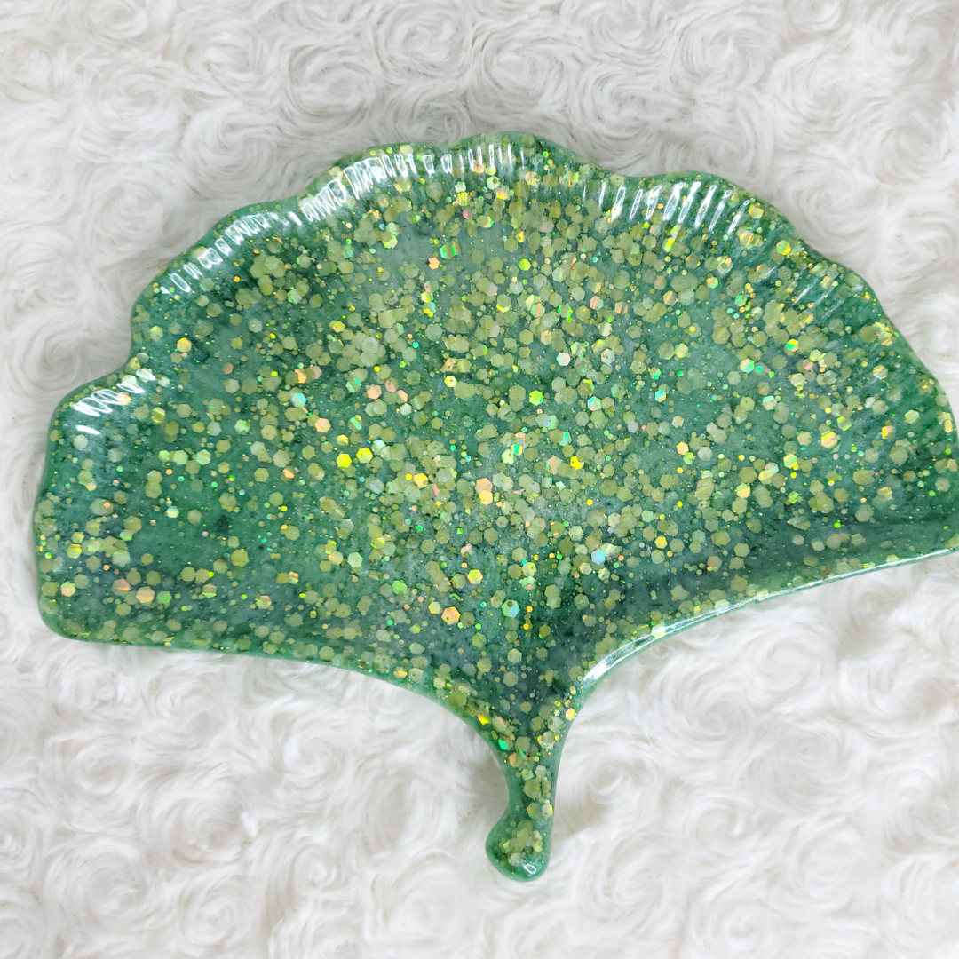 Green Glitter Leaf Trinket Tray