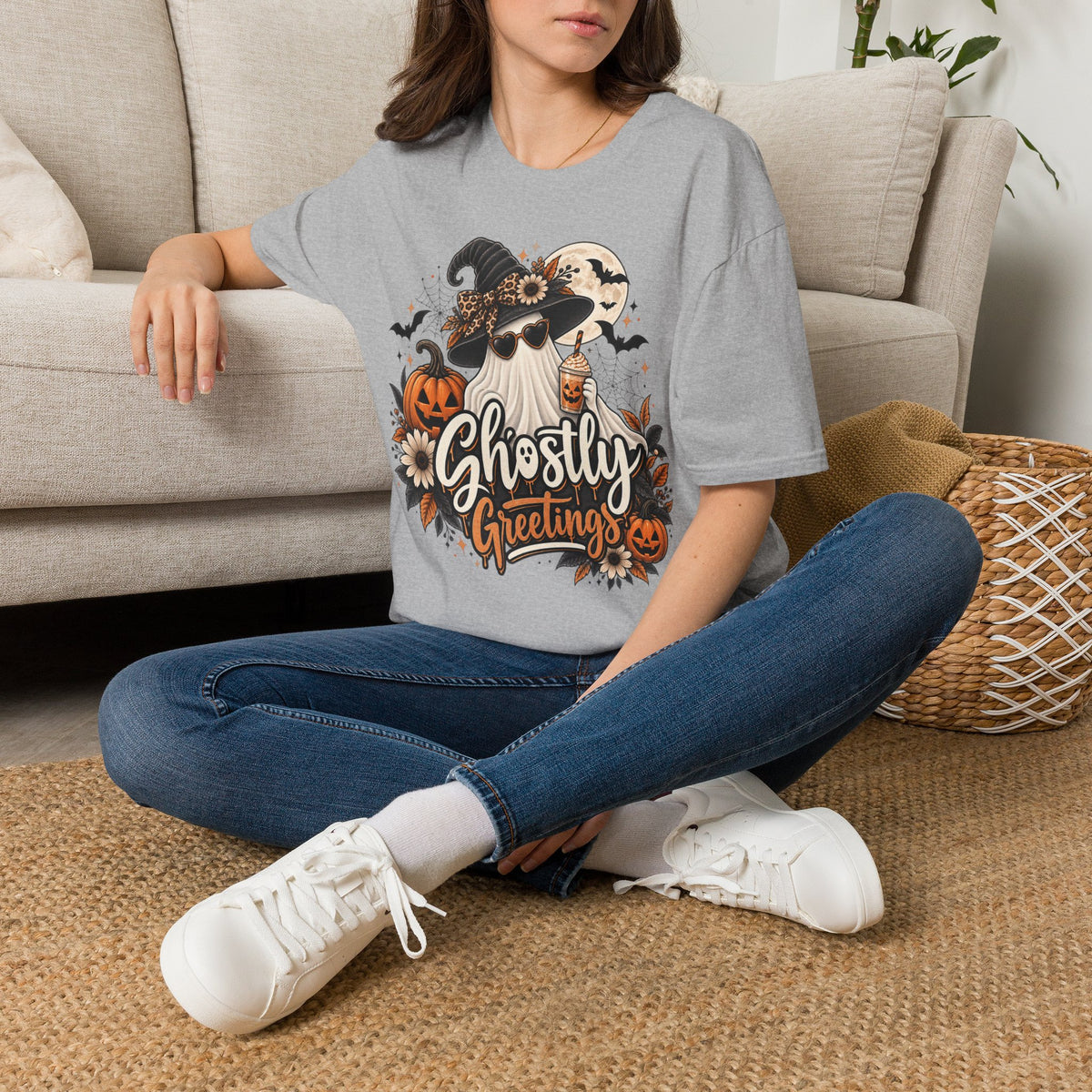 Ghostly Greetings Halloween | Glam Ghost Design | Unisex Softstyle T-Shirt