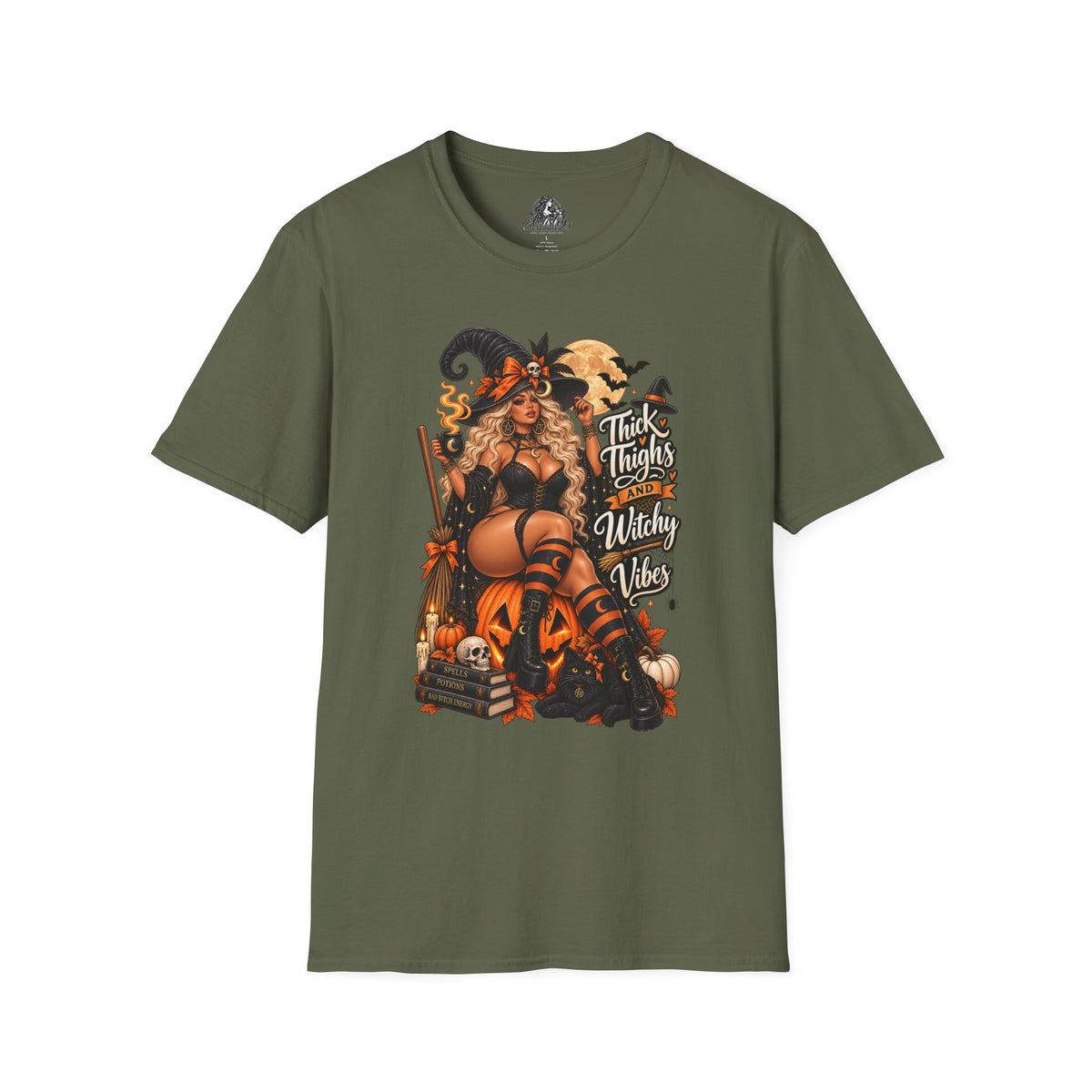 Thick Thighs Witchy Vibes Halloween | Glam Ghost Design | Unisex Softstyle T-Shirt