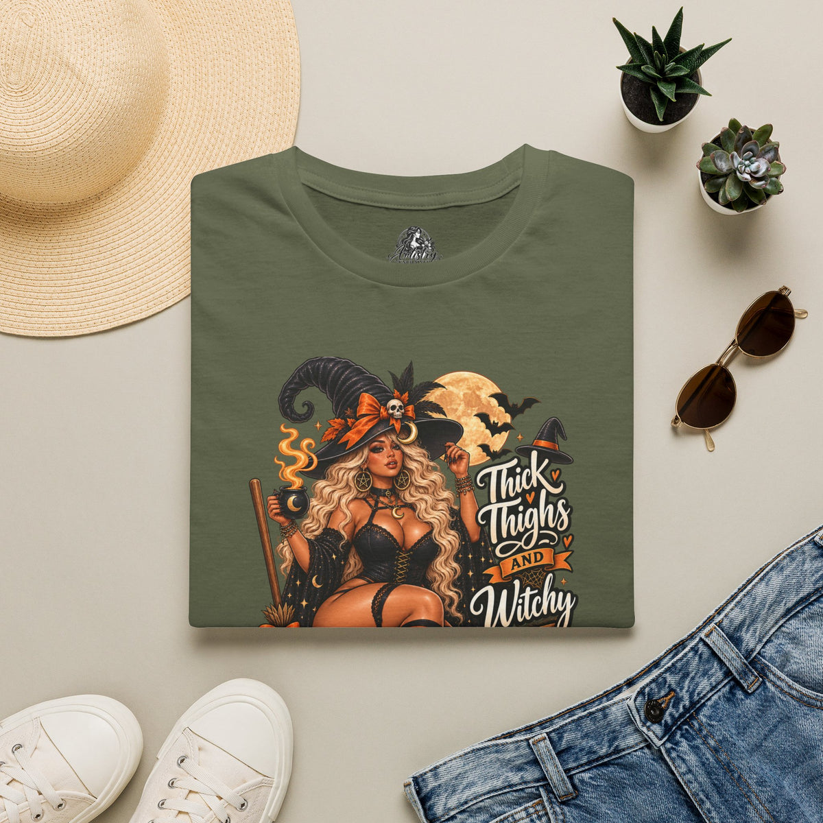 Thick Thighs Witchy Vibes Halloween | Glam Ghost Design | Unisex Softstyle T-Shirt