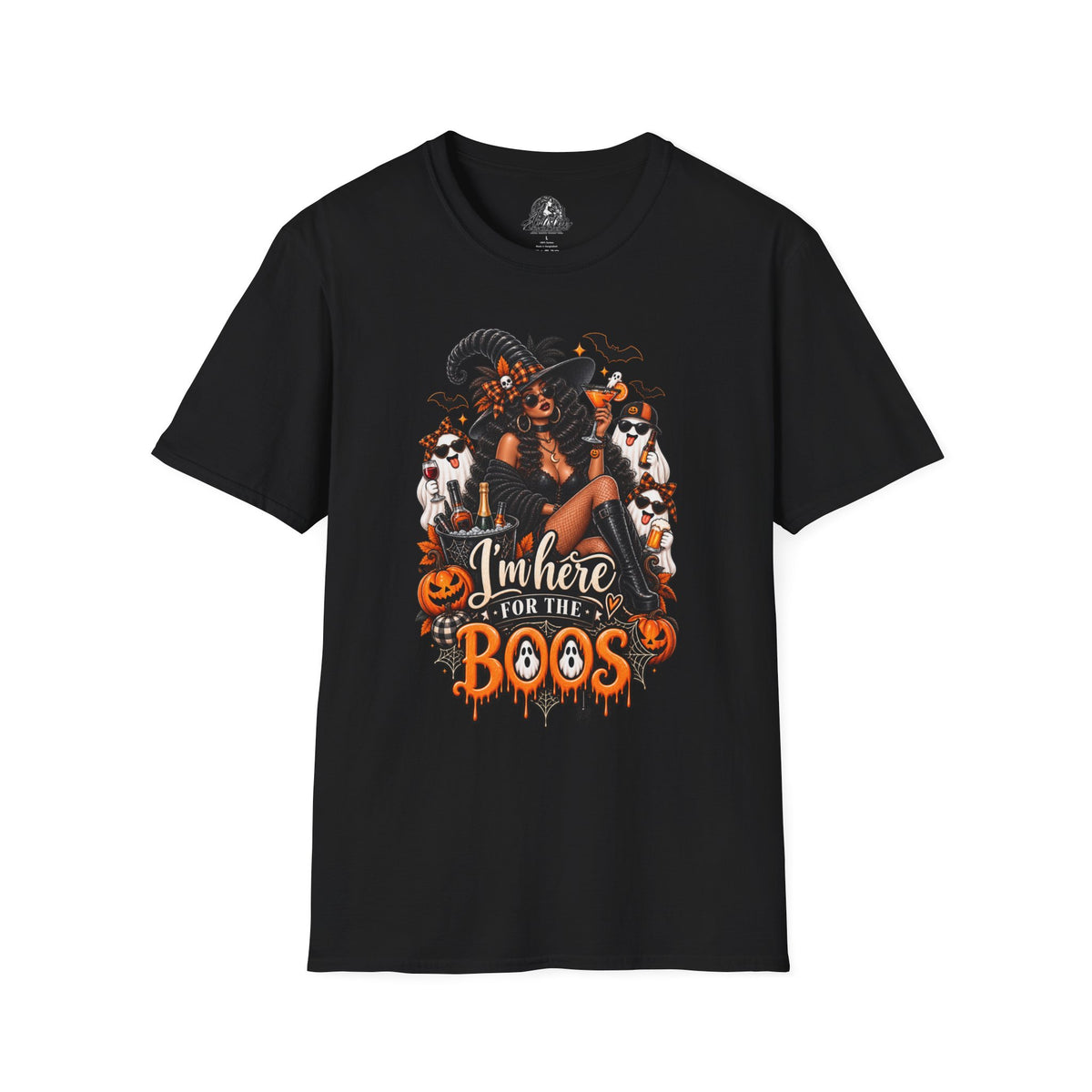 Here for the Boos Halloween | Glam Ghost Design | Unisex Softstyle T-Shirt