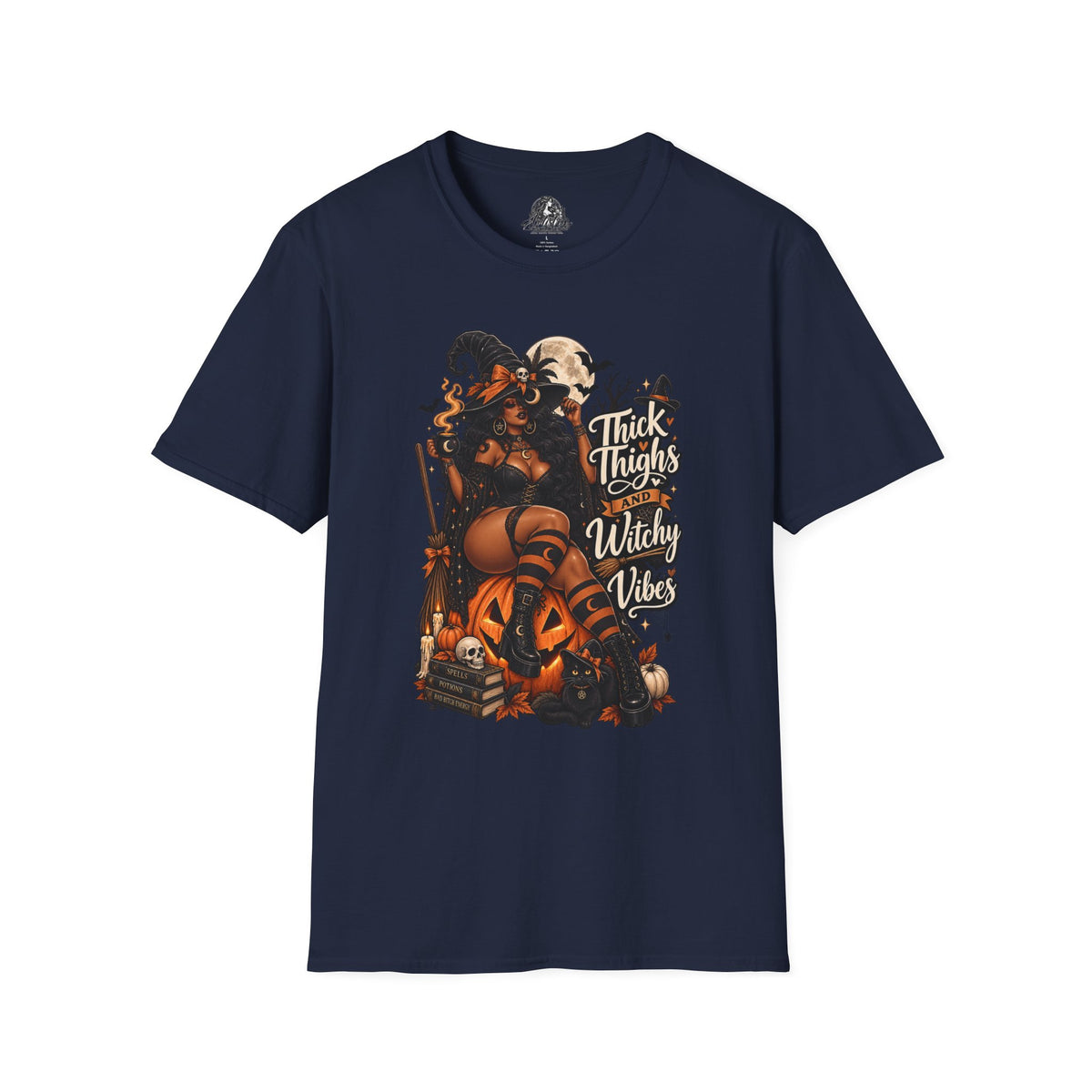 Thick Thighs Witchy Vibes Halloween | Glam Ghost Design | Unisex Softstyle T-Shirt