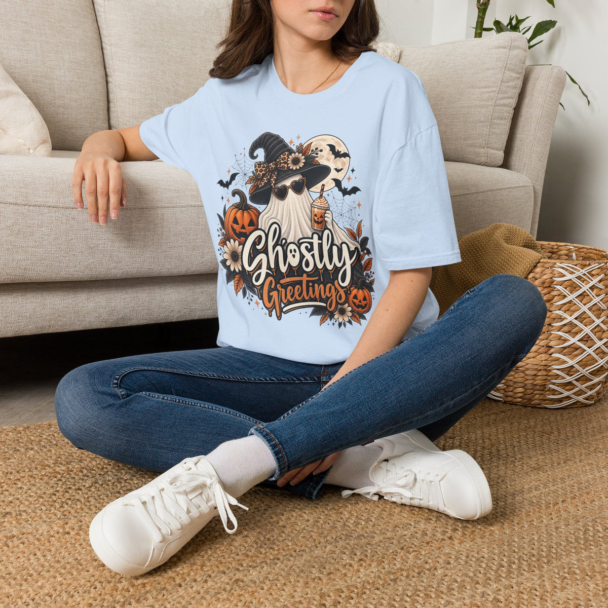 Ghostly Greetings Halloween | Glam Ghost Design | Unisex Softstyle T-Shirt