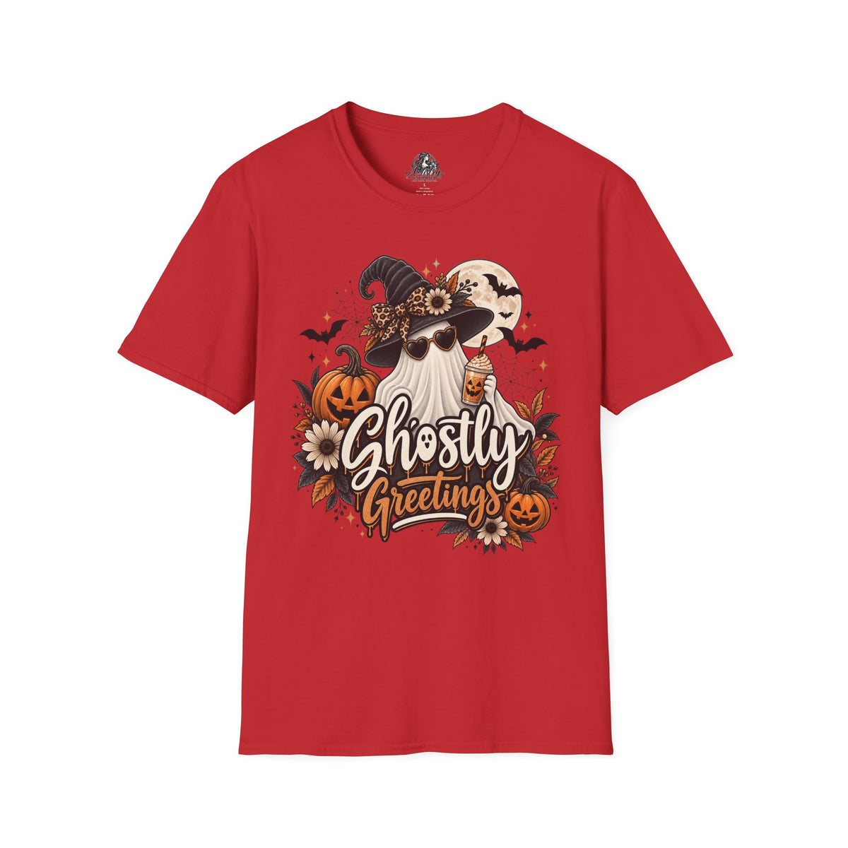 Ghostly Greetings Halloween | Glam Ghost Design | Unisex Softstyle T-Shirt