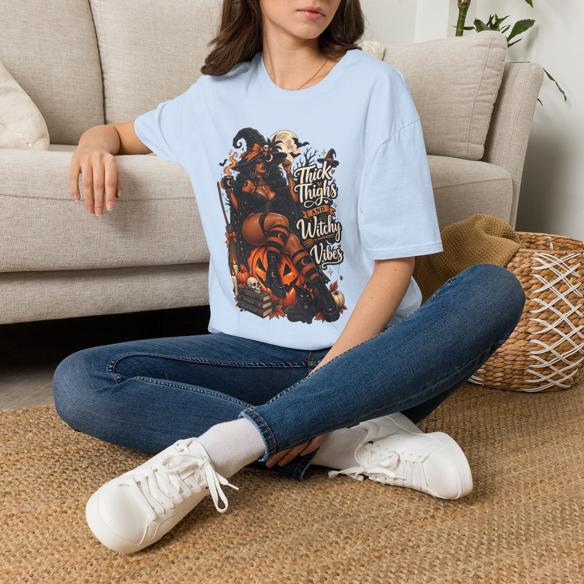 Thick Thighs Witchy Vibes Halloween | Glam Ghost Design | Unisex Softstyle T-Shirt