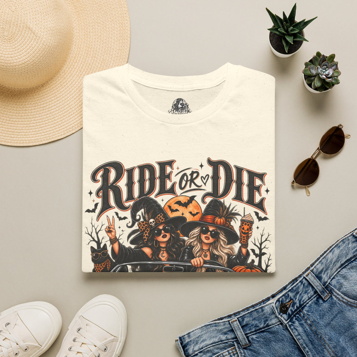 Ride or Die Witches Halloween | Glam Ghost Design | Unisex Softstyle T-Shirt