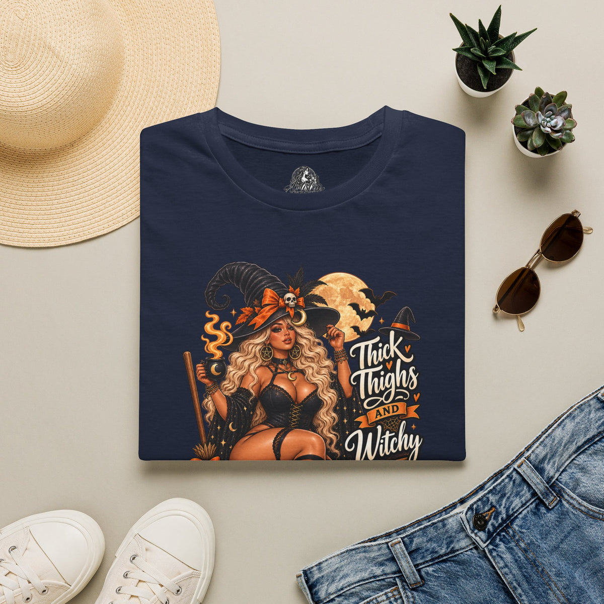 Thick Thighs Witchy Vibes Halloween | Glam Ghost Design | Unisex Softstyle T-Shirt