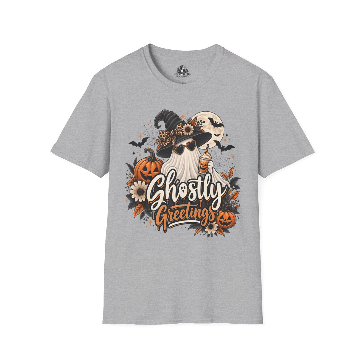 Ghostly Greetings Halloween | Glam Ghost Design | Unisex Softstyle T-Shirt