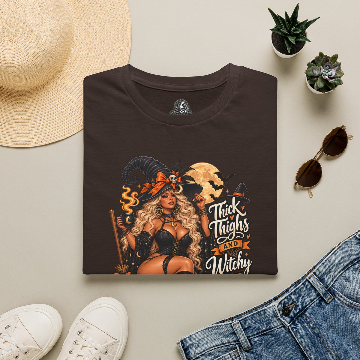 Thick Thighs Witchy Vibes Halloween | Glam Ghost Design | Unisex Softstyle T-Shirt