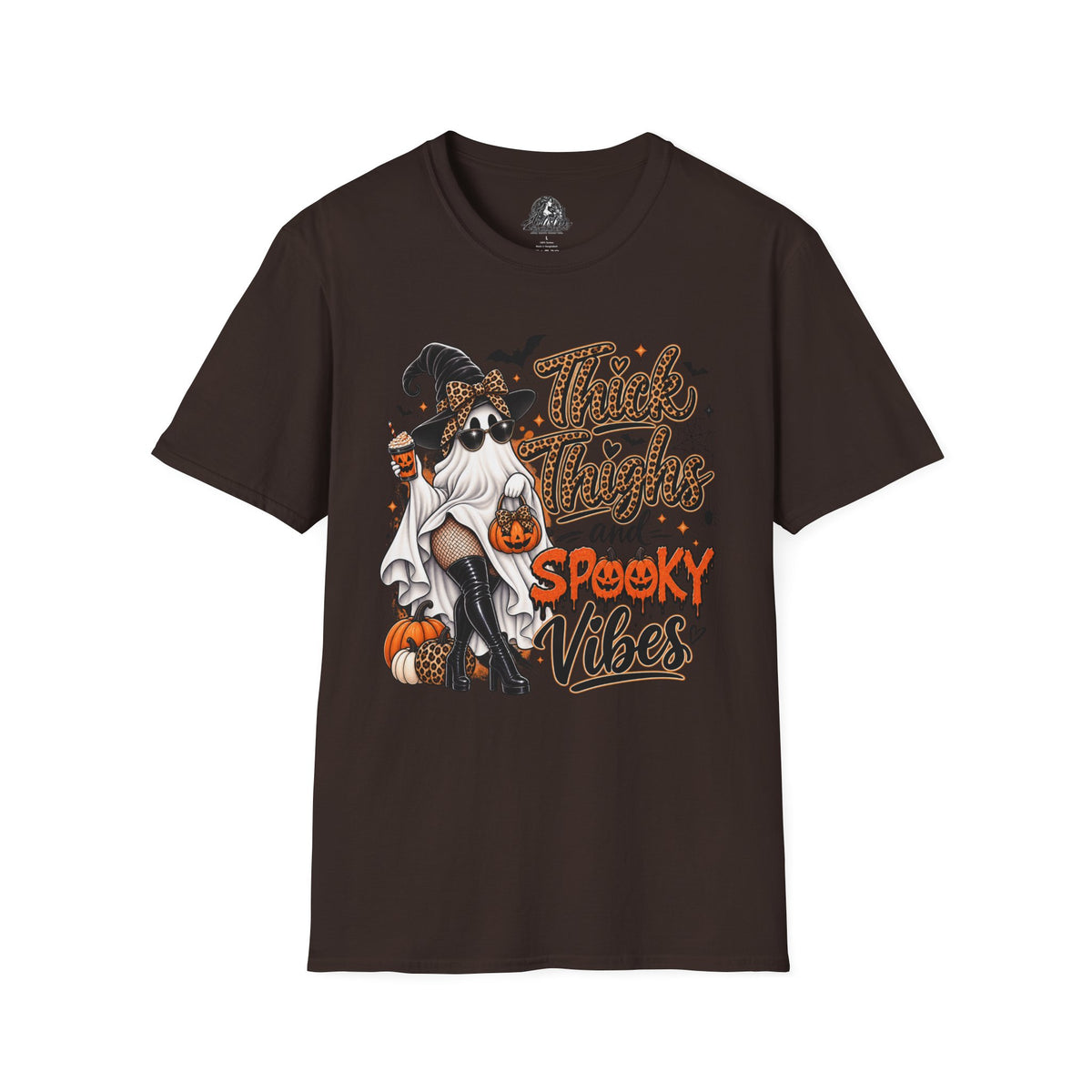 Thick Thighs Spooky Vibes Halloween | Glam Ghost Design | Unisex Softstyle T-Shirt