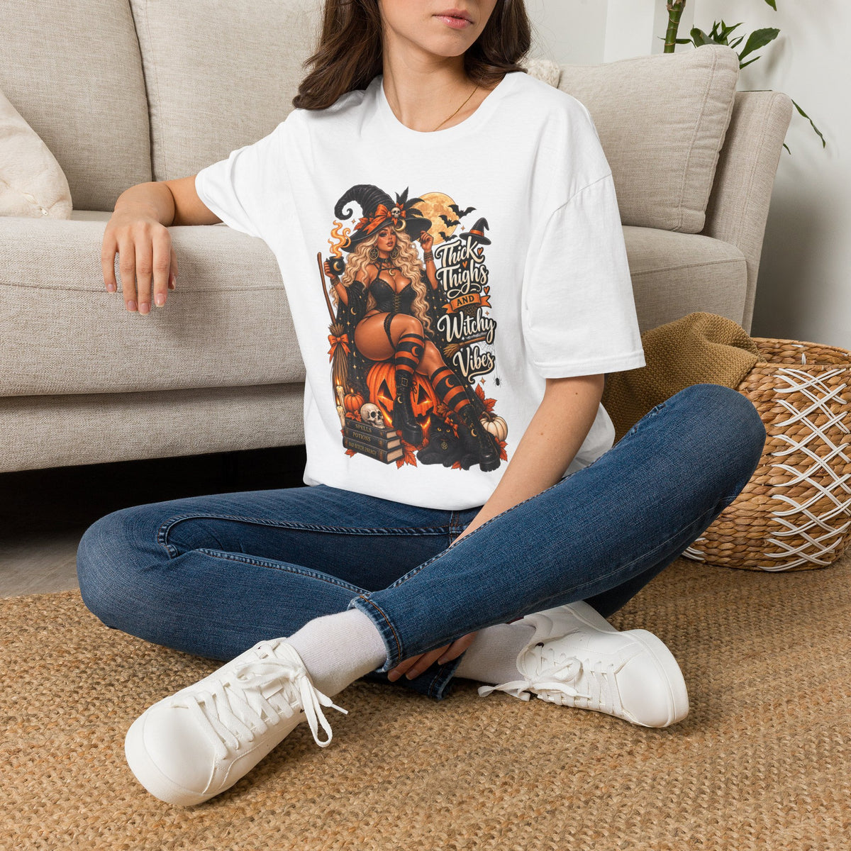 Thick Thighs Witchy Vibes Halloween | Glam Ghost Design | Unisex Softstyle T-Shirt