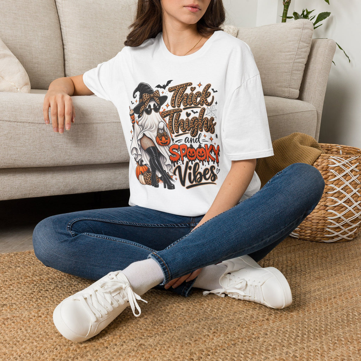 Thick Thighs Spooky Vibes Halloween | Glam Ghost Design | Unisex Softstyle T-Shirt