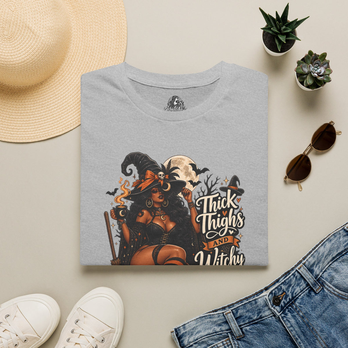 Thick Thighs Witchy Vibes Halloween | Glam Ghost Design | Unisex Softstyle T-Shirt