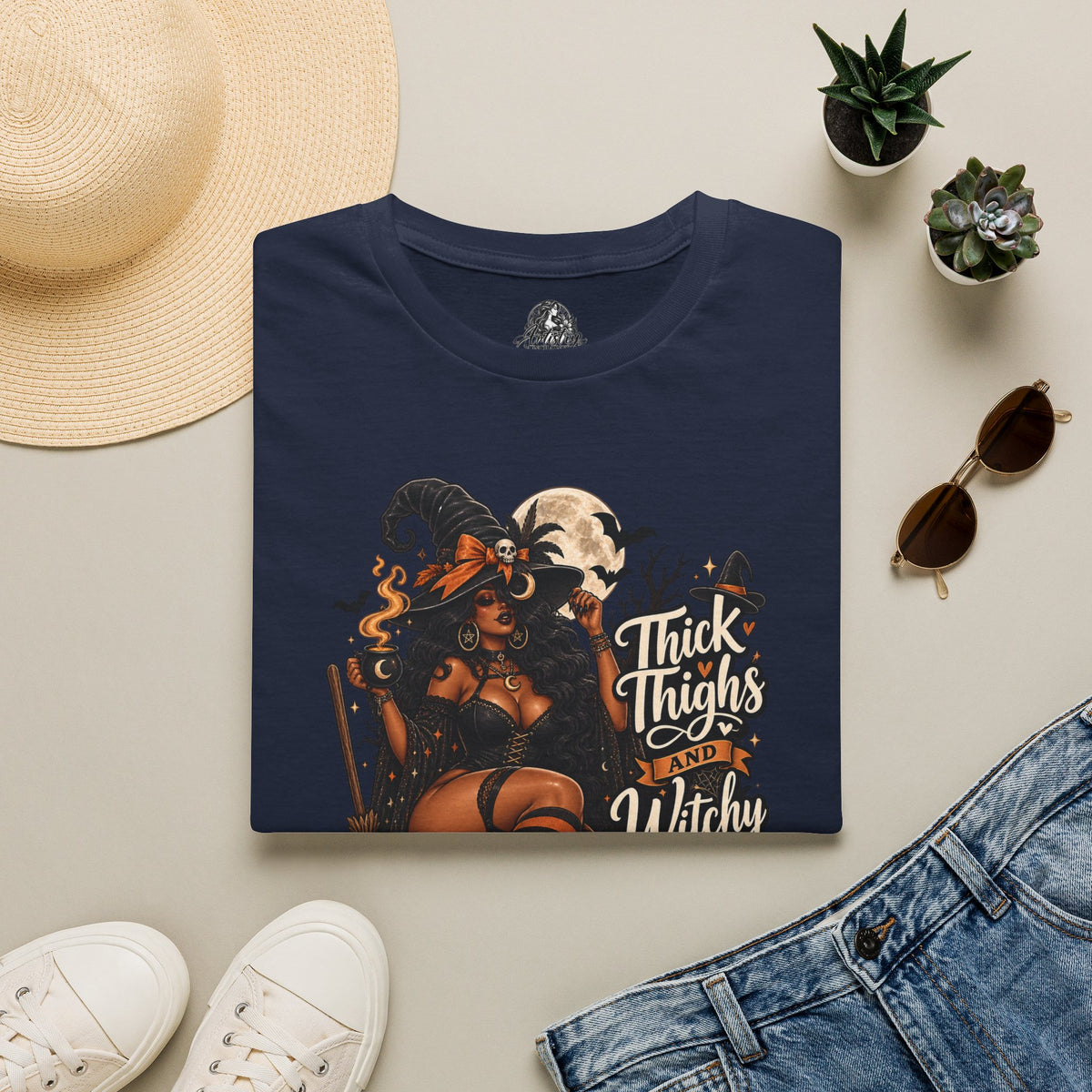 Thick Thighs Witchy Vibes Halloween | Glam Ghost Design | Unisex Softstyle T-Shirt