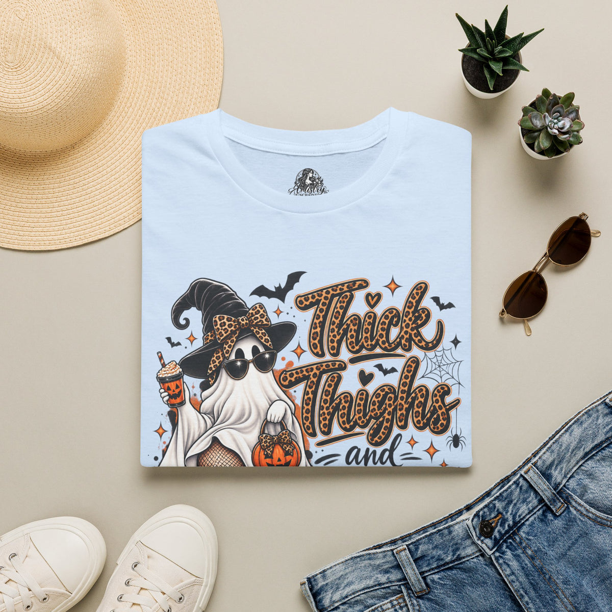 Thick Thighs Spooky Vibes Halloween | Glam Ghost Design | Unisex Softstyle T-Shirt