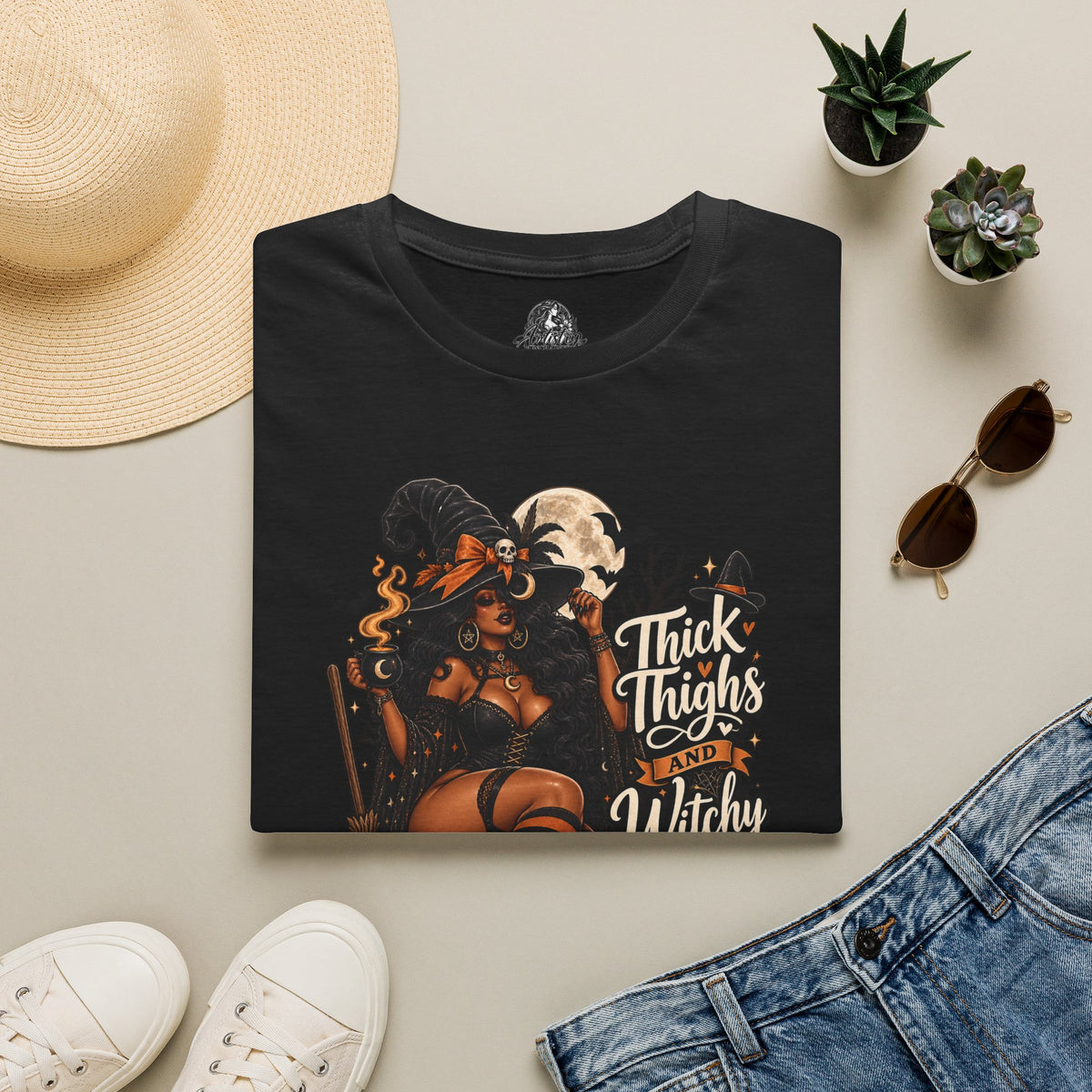 Thick Thighs Witchy Vibes Halloween | Glam Ghost Design | Unisex Softstyle T-Shirt