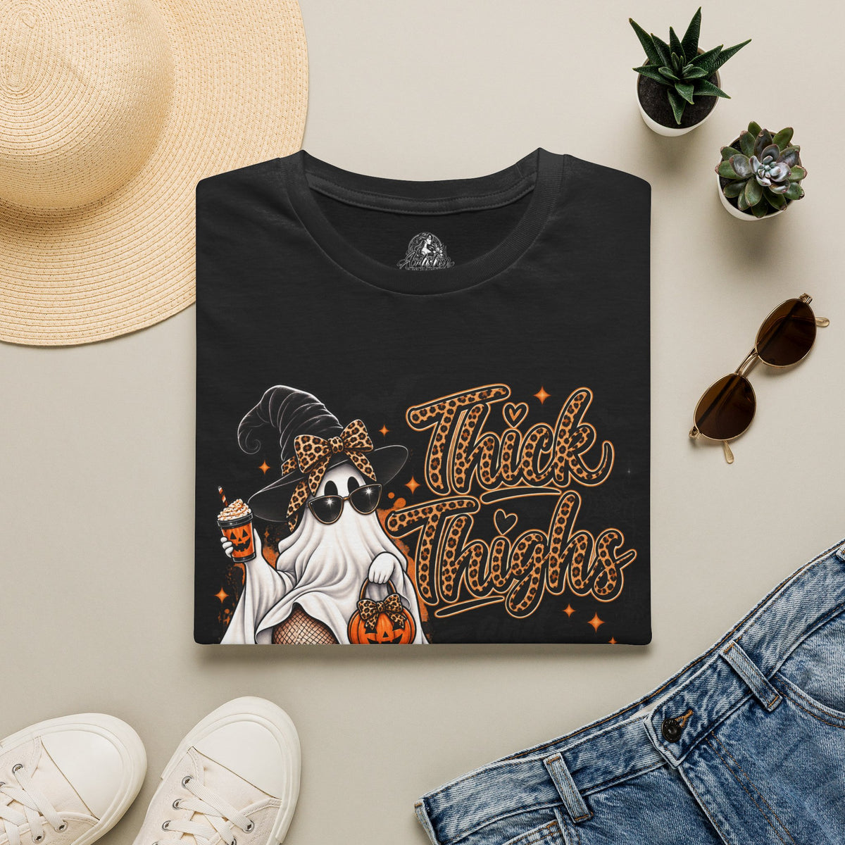 Thick Thighs Spooky Vibes Halloween | Glam Ghost Design | Unisex Softstyle T-Shirt