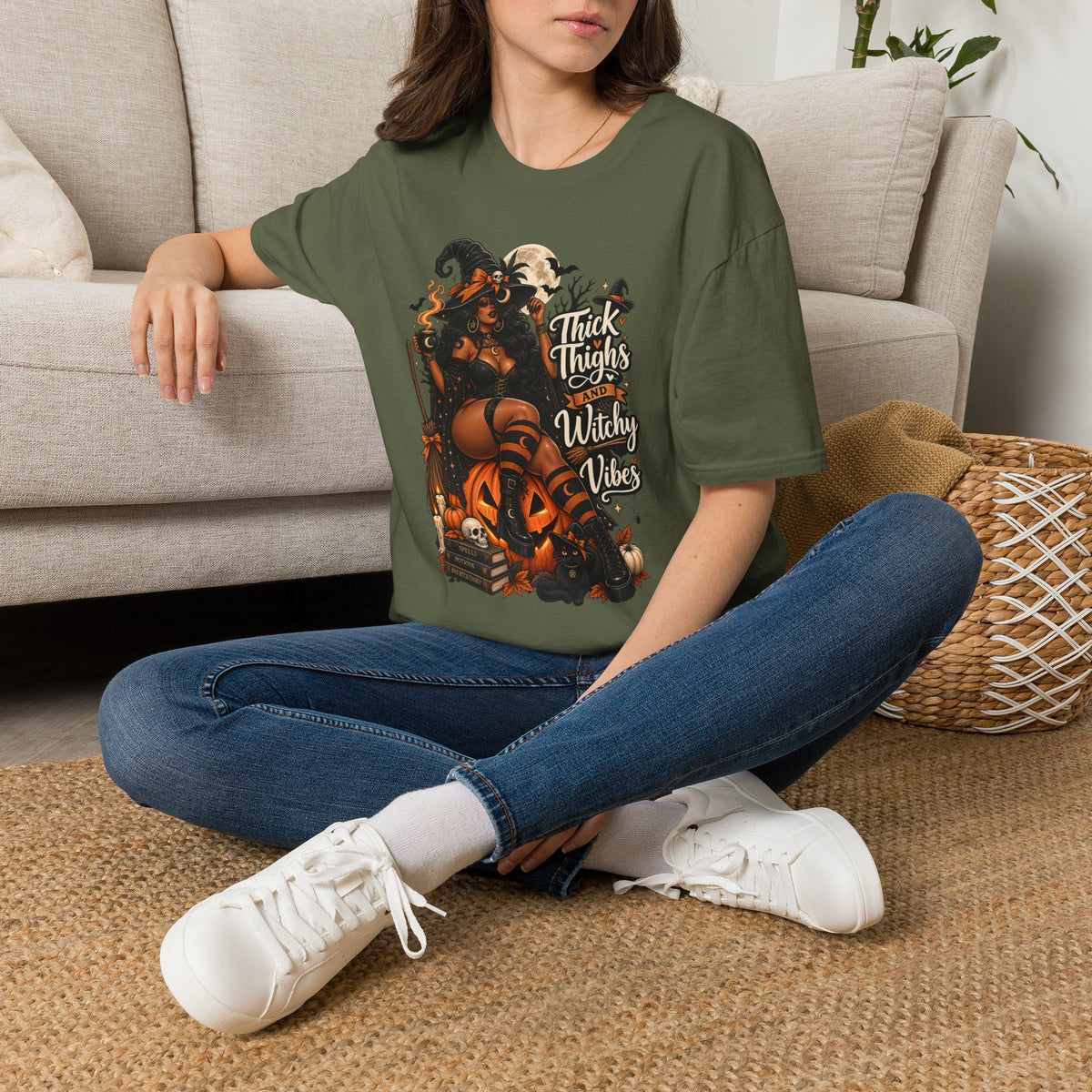 Thick Thighs Witchy Vibes Halloween | Glam Ghost Design | Unisex Softstyle T-Shirt