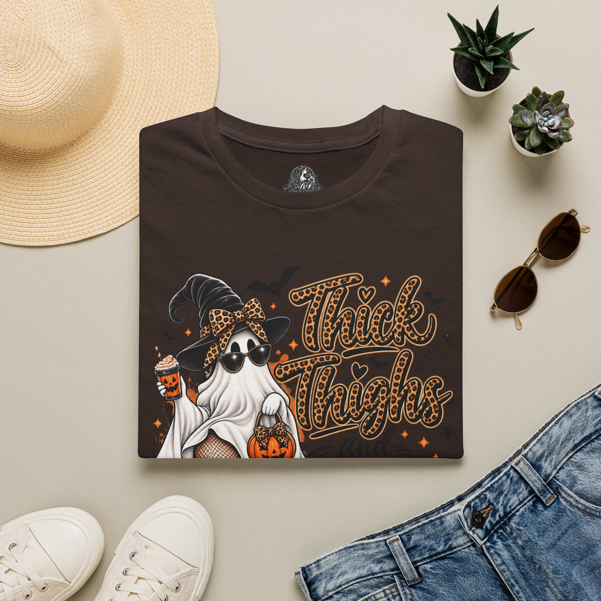 Thick Thighs Spooky Vibes Halloween | Glam Ghost Design | Unisex Softstyle T-Shirt