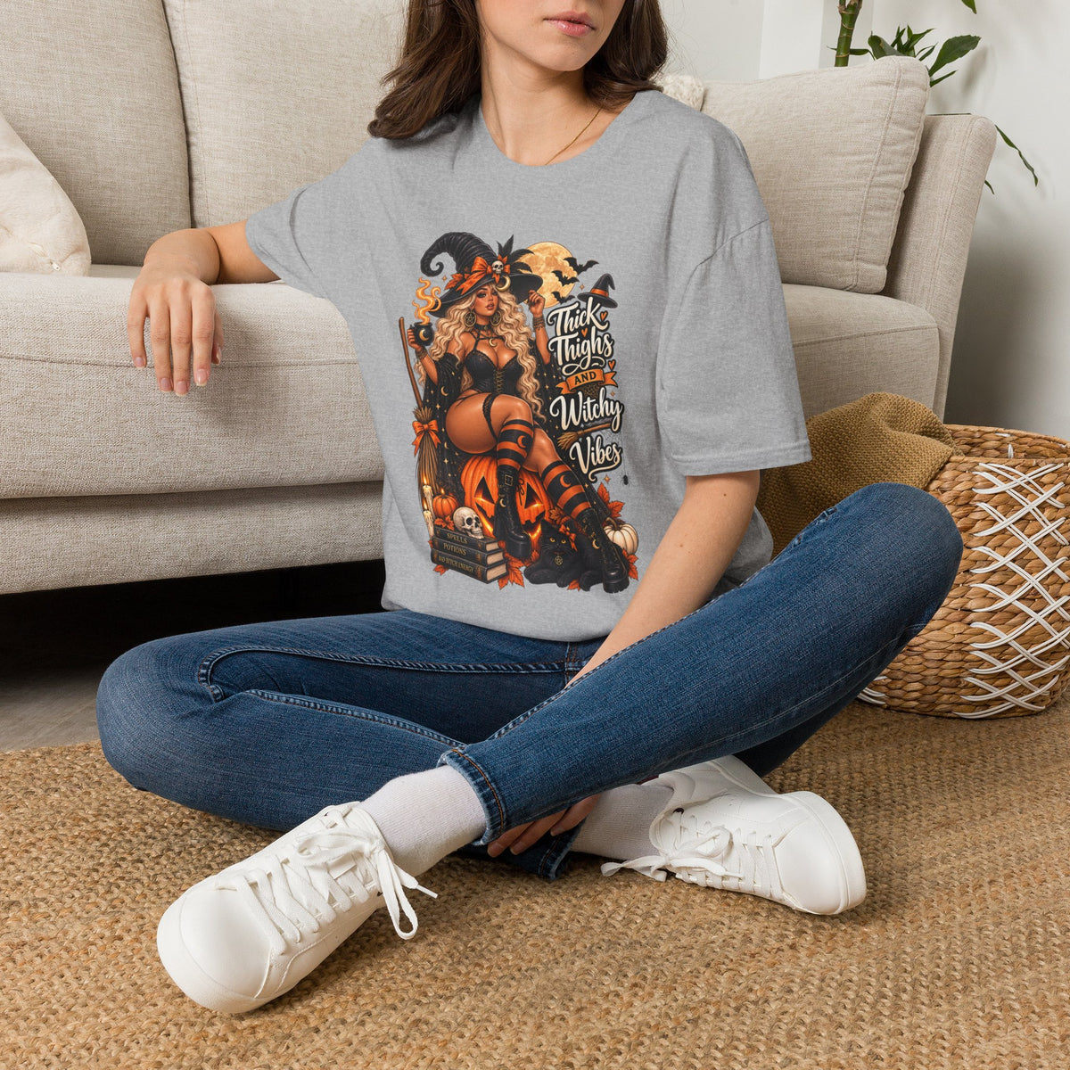 Thick Thighs Witchy Vibes Halloween | Glam Ghost Design | Unisex Softstyle T-Shirt