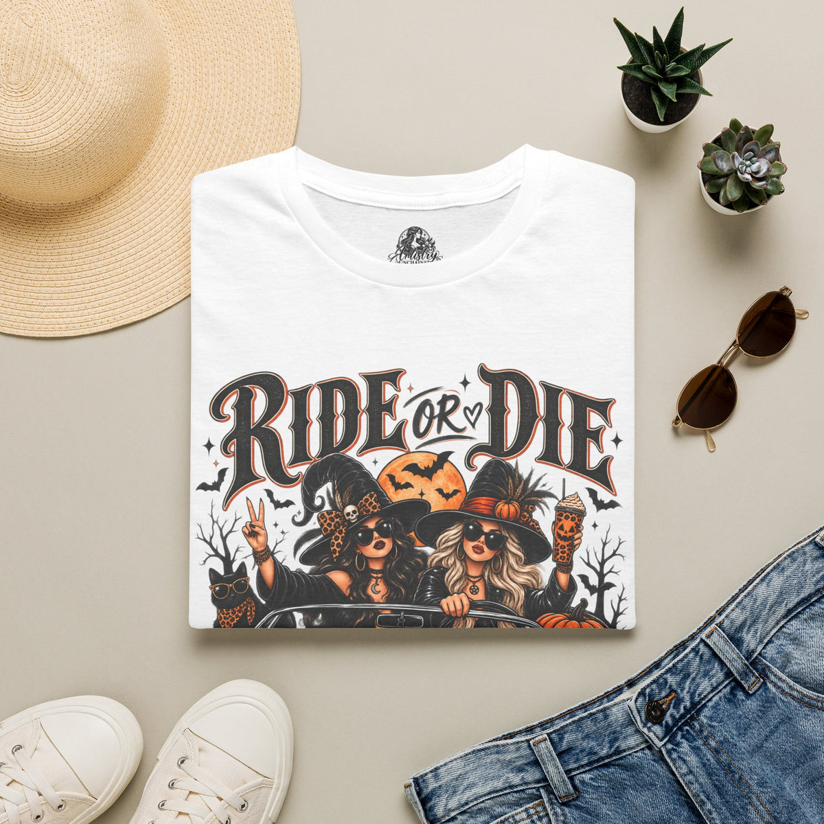 Ride or Die Witches Halloween | Glam Ghost Design | Unisex Softstyle T-Shirt